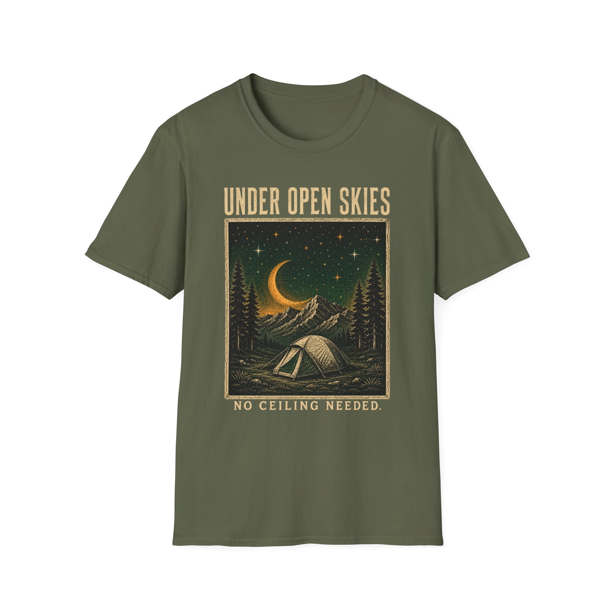 Under Open Skies / No Ceiling Needed - Camping Graphic T-Shirt