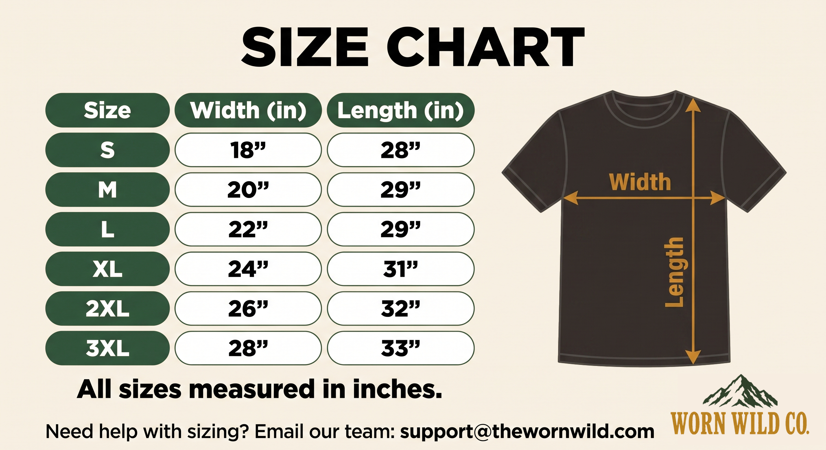 Worn Wild Co size chart - t-shirt width and length measurements in inches for sizes S through 3XL